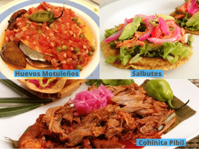 Imagen de Tres platillos típicos de la gastronomía Yucateca: Huevos Motuleños, salbutes y la tradicional Cochinita pibil.