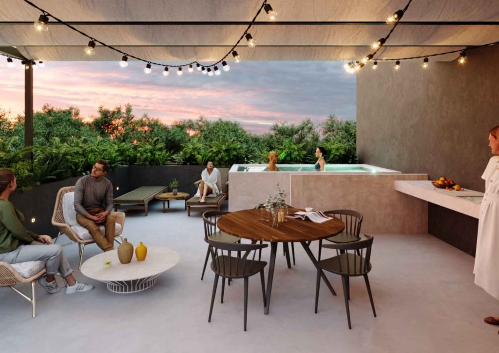 Amenidades en el Roof Top en el complejo MALTA de departamentos en venta en Temozón Norte.