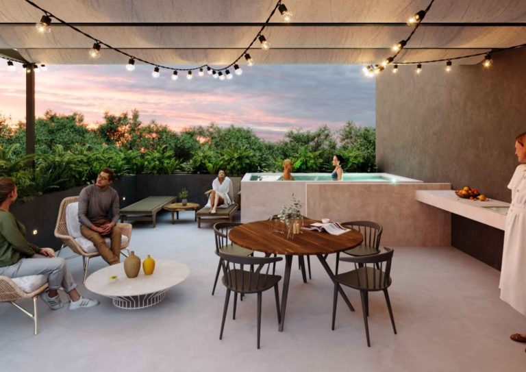 Amenidades en el Roof Top en el complejo MALTA de departamentos en venta en Temozón Norte.