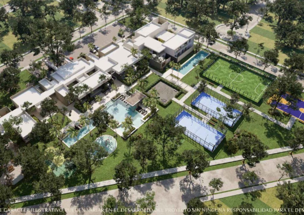 Vista aérea de la casa club con amenidades de Puerta Xaibé, un desarrollo de terrenos en venta al Norte de Mérida
