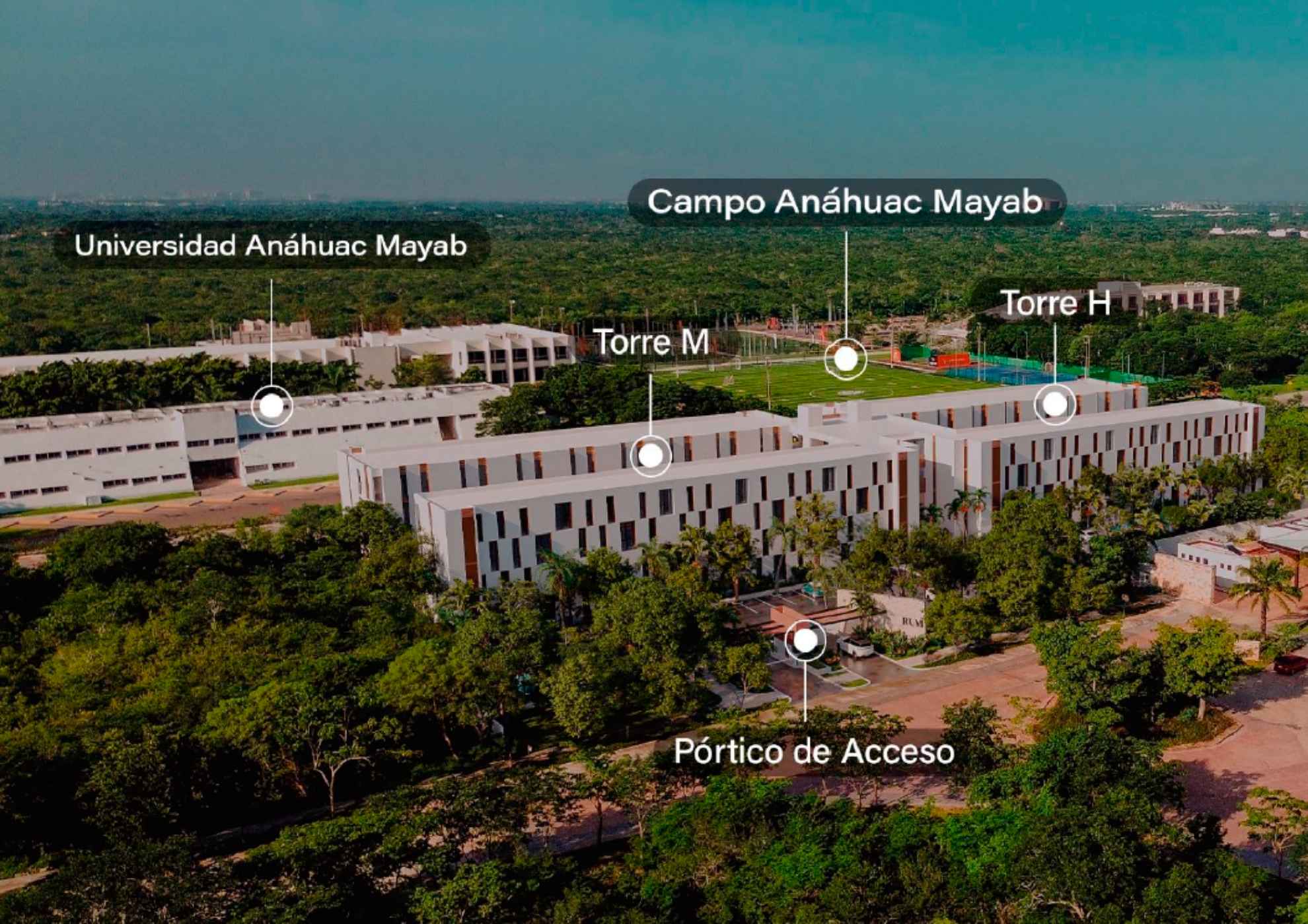 Ubicación de los departamentos con rentas garantizadas en Mérida al lado de la Universidad Anáhuac Mayab.