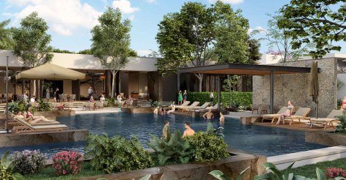Imagen ilustrativa de la piscina central de las amenidades de Puerta Xaibé